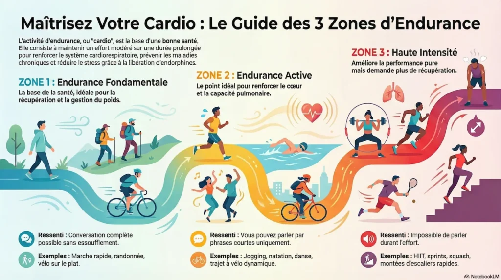 Infographie expliquant qu'est-ce que l'activité physique d'endurance à travers les 3 zones de cardio : fondamentale, active et haute intensité.